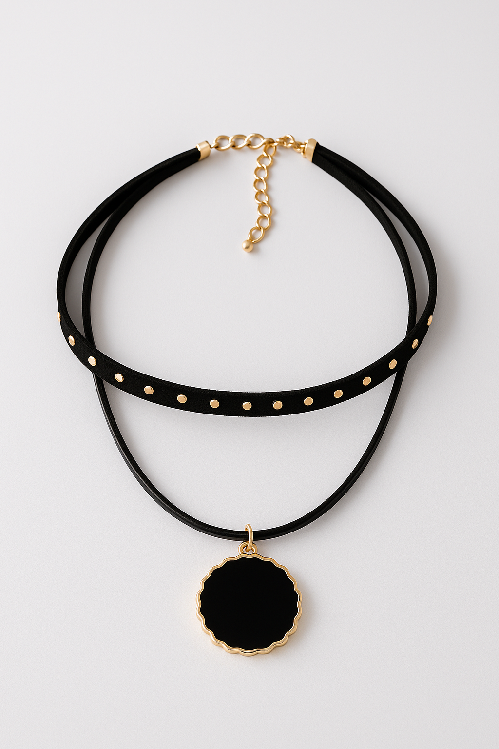 Elegant Double Layer Black Choker Necklace with Gold Pendant