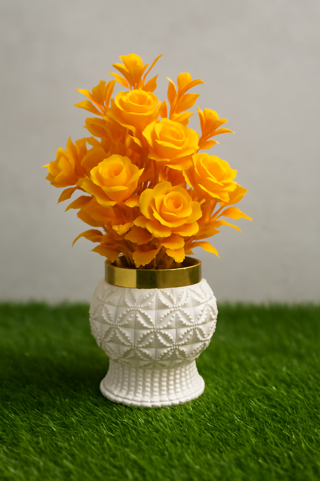 Carved Yellow Rose Arrangement in Textured Vase