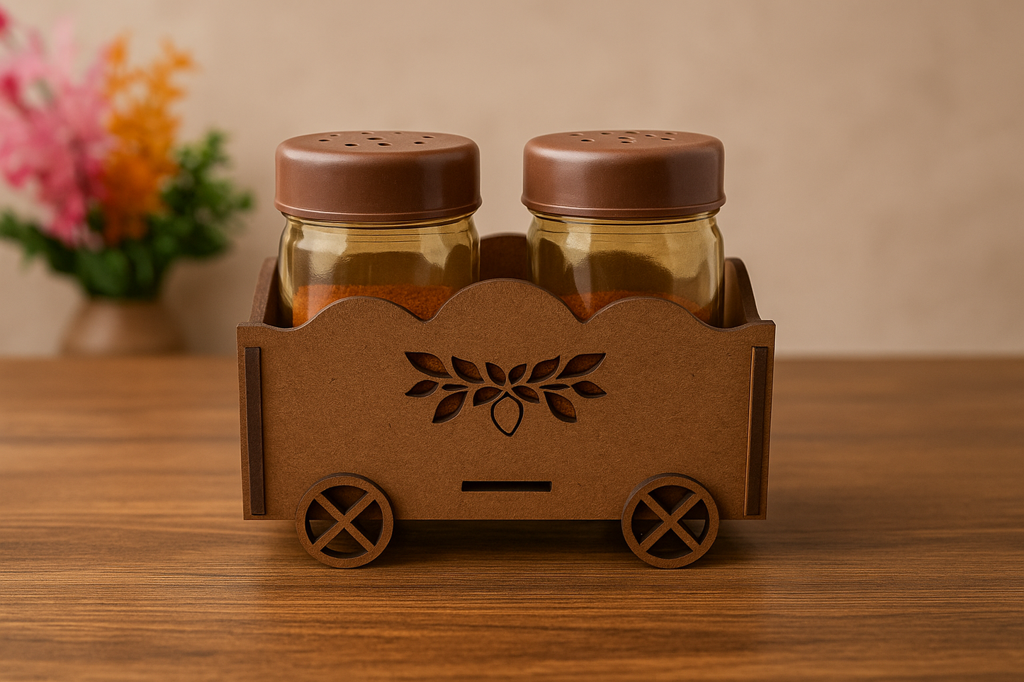 Rustic Spice Jar Set with Wooden Cart Holder – Elegant Kitchen Decor