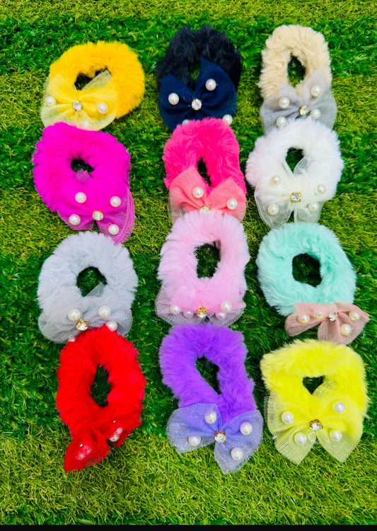 Fluffy Pearl Bow Hair Ties – Colorful Set / Per Piece