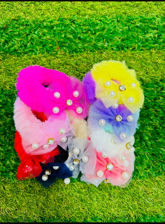 Fluffy Pearl Bow Hair Ties – Colorful Set / Per Piece