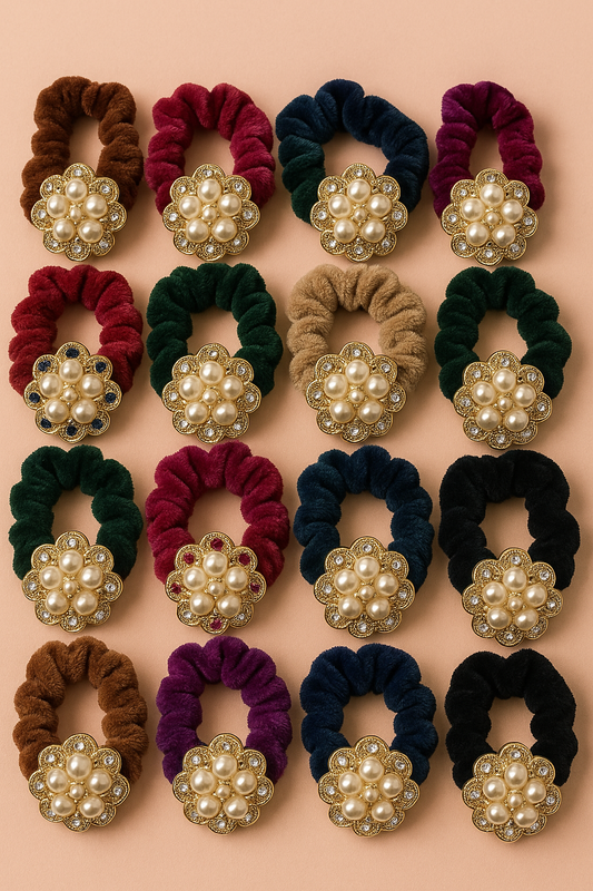 Velvet Floral Hair Bands – Pearl Charm Collection / Per Piece