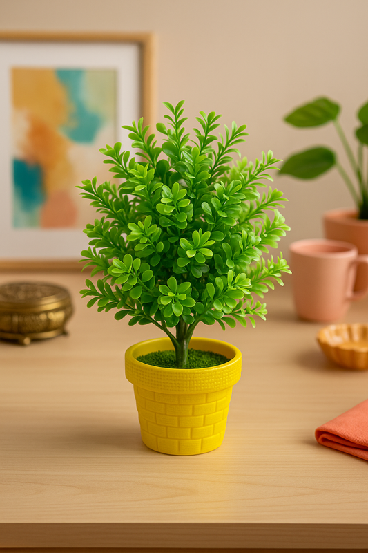 Lush Artificial Green Plant in Bright Yellow Pot for Home & Office