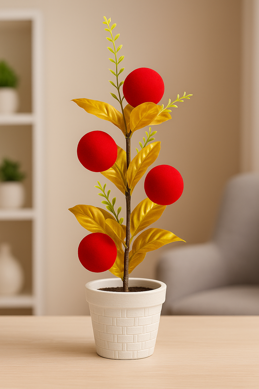 Decorative Artificial Red Pom-Pom Plant in White Pot for Home & Office