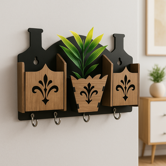 Wooden Wall Organizer with Faux Plant & Key Hooks – Home & Office Decor