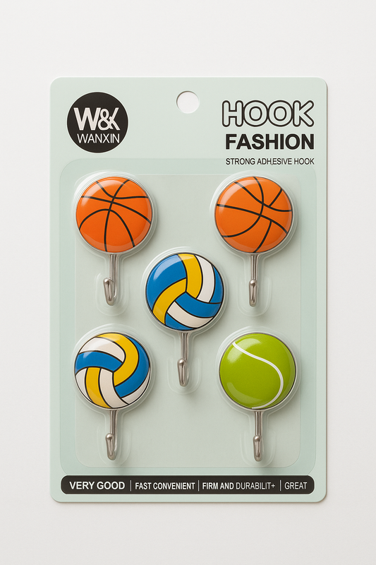 Colorful Sports-Themed Adhesive Wall Hooks – Set of 5