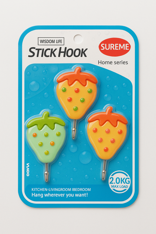 Strawberry-Themed Wall Hooks – Set of 3 Colorful Stick-On Hangers