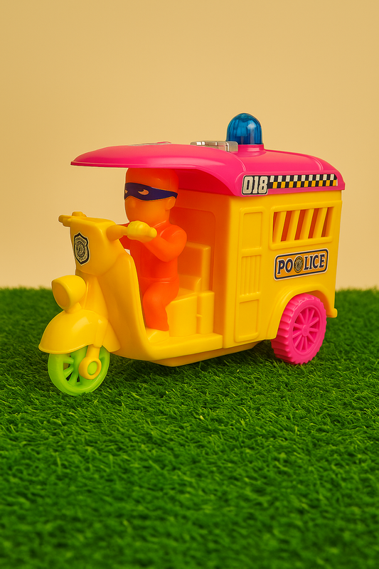 Pull Back Police Rickshaw Toy with Light – Colorful Auto for Kids