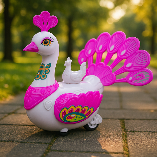 Pull String Dancing Peacock Toy with Moving Feathers, Lights & Music
