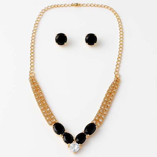 Elegant Gold-Plated Black Stone Necklace Set