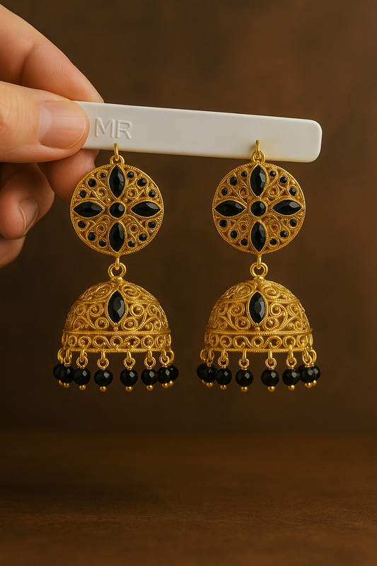 Traditional Gold Plated Black Stone Jhumka Earrings