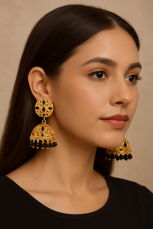 Traditional Gold Plated Black Stone Jhumka Earrings