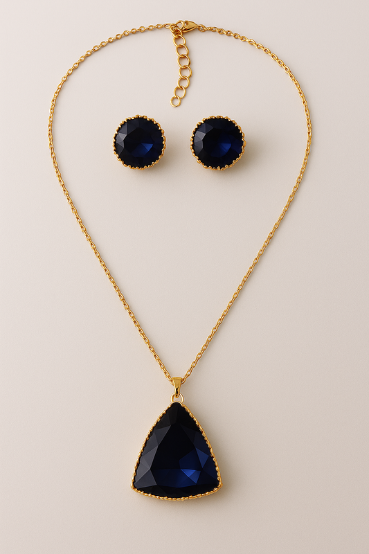 Elegant Blue Stone Pendant Necklace Set with Stud Earrings – Gold Plated