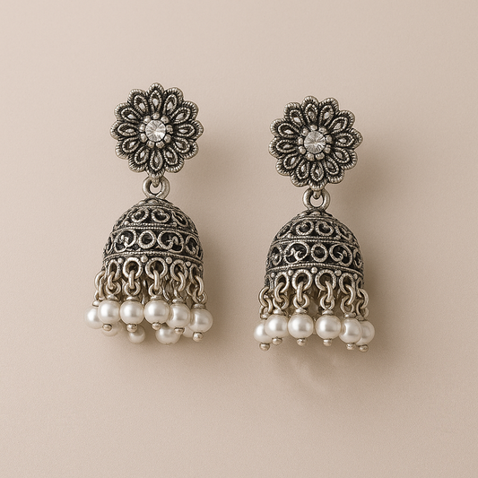 Antique Silver Jhumka Earrings with Pearl Drops