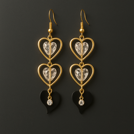 Elegant Double Heart Drop Earrings – Gold with Crystal and Black Accents
