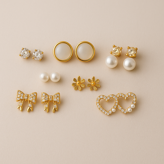 Elegant Gold Plated Stud Earrings Set – 6 to 9 Pairs with Pearl & Crystal Designs