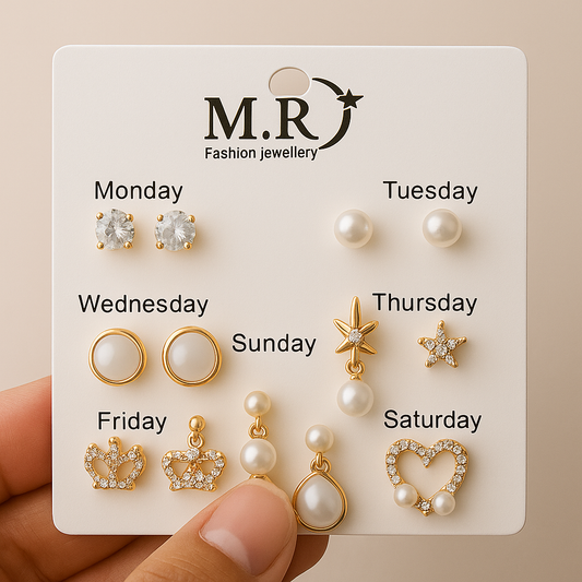 Elegant Gold Plated Stud Earrings Set – 6 to 9 Pairs with Pearl & Crystal Designs
