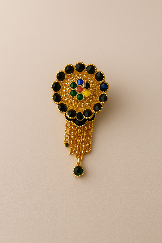 Traditional Multi-Color Stone Brooch with Dark Green Beads & Golden Chain Tassels