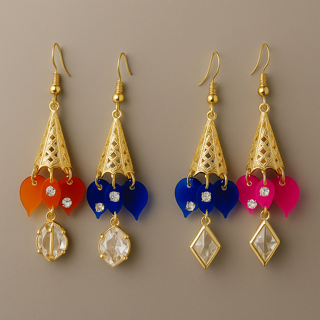 Colorful Cone Drop Earrings with Crystal Charms – Traditional & Festive Wear / Per Pair