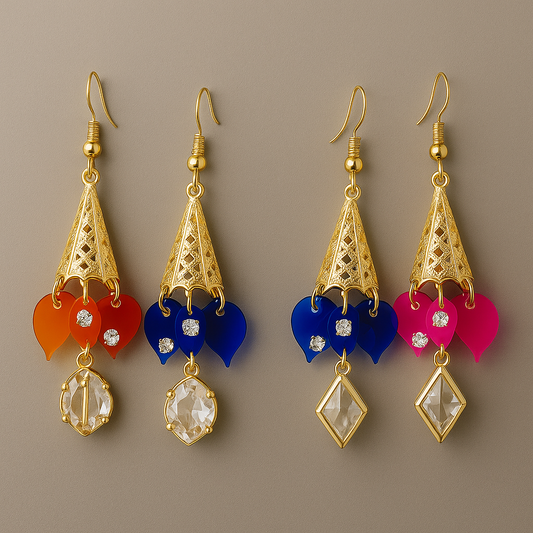 Colorful Cone Drop Earrings with Crystal Charms – Traditional & Festive Wear / Per Pair