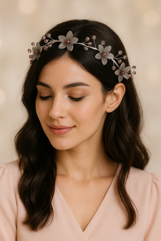 Elegant Grey Floral Hairband – Handmade Beaded Headpiece for Girls & Wome