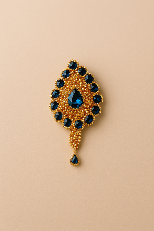 Elegant Gold Brooch with Dark Blue Stones – Bridal & Party Wear