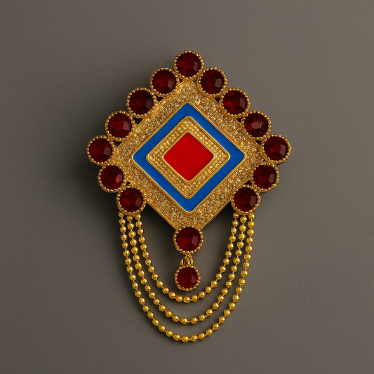 Traditional Square Brooch with Red Stones & Gold Chains – Festive Wear