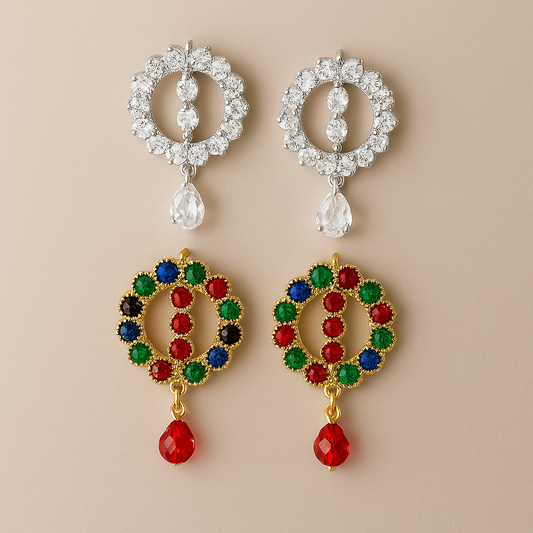 Dual-Style Crystal and Multicolor Round Earrings – Party & Festive Collection / Per Pair