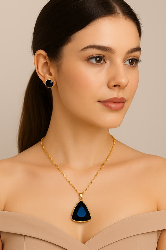 Elegant Blue Stone Pendant Necklace Set with Stud Earrings – Gold Plated