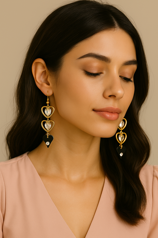Elegant Double Heart Drop Earrings – Gold with Crystal and Black Accents