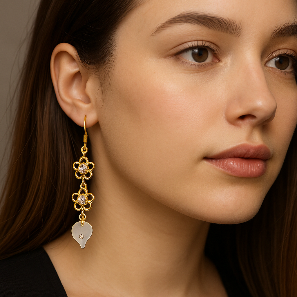 Elegant Floral Drop Earrings – Gold Finish with Crystal Accents