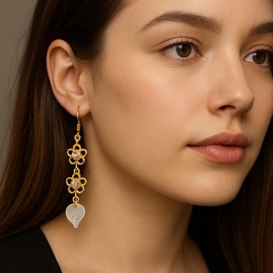 Elegant Floral Drop Earrings – Gold Finish with Crystal Accents