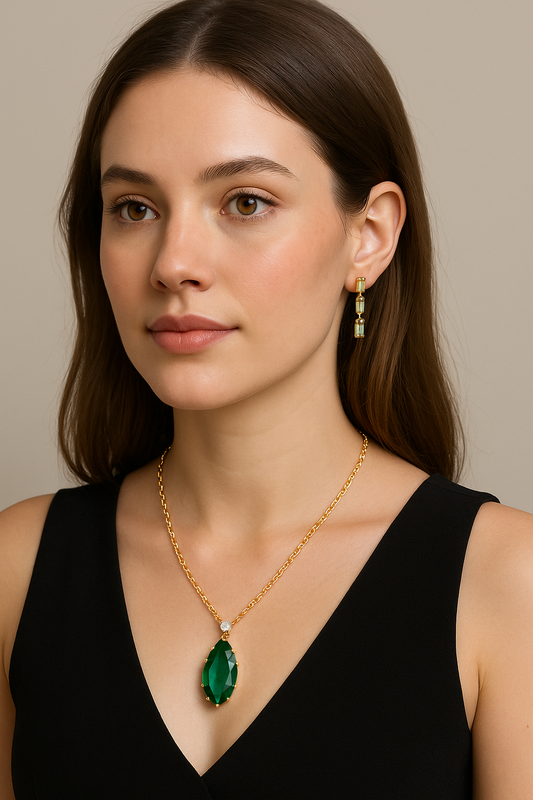 Elegant Green Stone Pendant Necklace & Earring Set for Women