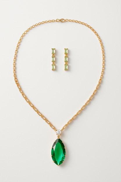 Elegant Green Stone Pendant Necklace & Earring Set for Women