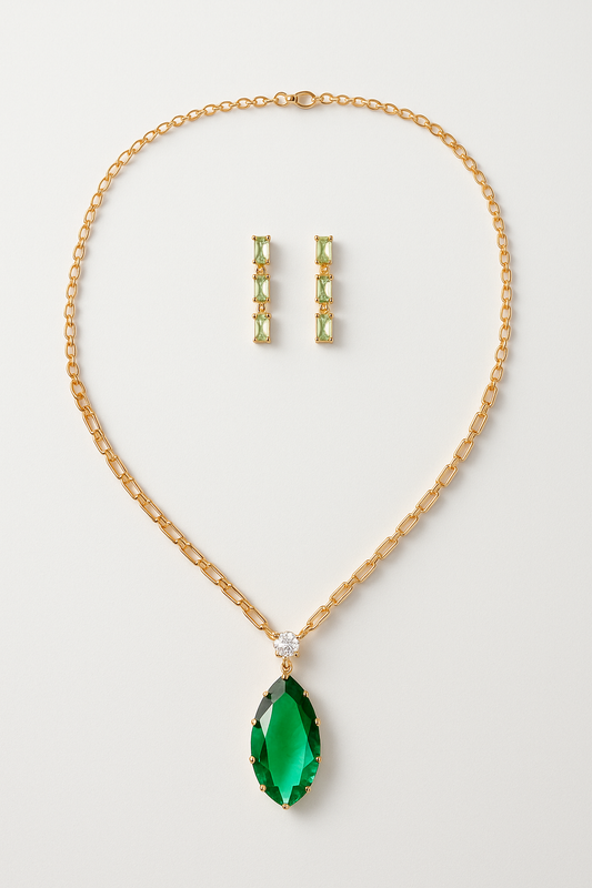 Elegant Green Stone Pendant Necklace & Earring Set for Women