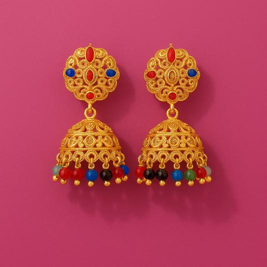 Traditional Gold Jhumka Earrings with Multicolor Beads