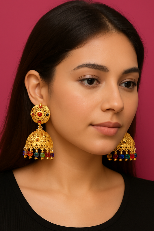 Traditional Gold Jhumka Earrings with Multicolor Beads