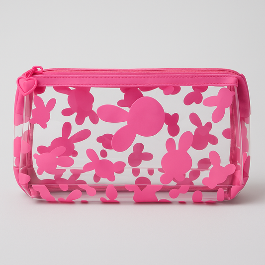 Cute Pink Bunny Transparent Pouch – Travel Makeup & Accessories Bag