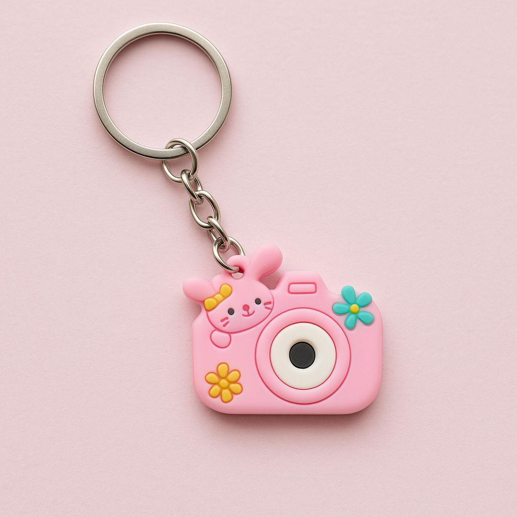 Pink Bunny Camera Keychain – Cute Floral Design