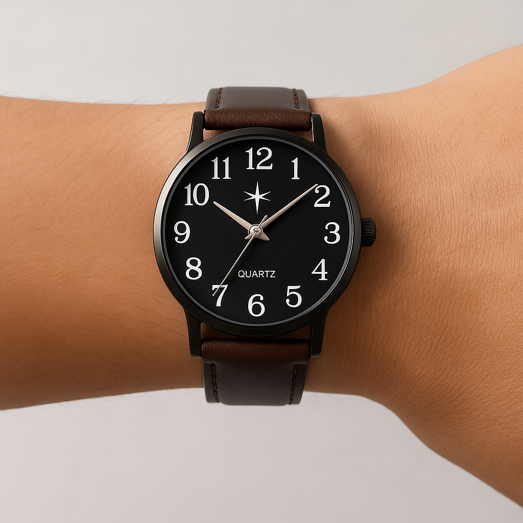 Classic Black Dial Men’s Watch – Brown Leather Strap